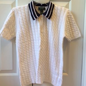 Ralph Lauren White Cable Sweater w/ Navy Collar, S